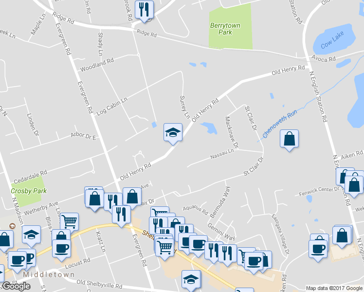 map of restaurants, bars, coffee shops, grocery stores, and more near 12210 Old Henry Road in Louisville