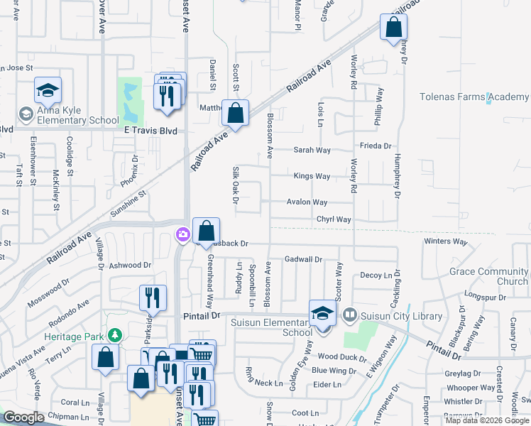 map of restaurants, bars, coffee shops, grocery stores, and more near 1045 Camellia Court in Suisun City