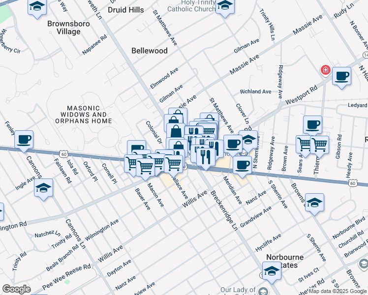 map of restaurants, bars, coffee shops, grocery stores, and more near 3900 Staebler Avenue in Saint Matthews