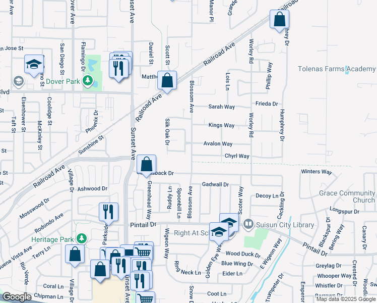 map of restaurants, bars, coffee shops, grocery stores, and more near 1045 Camellia Court in Suisun City