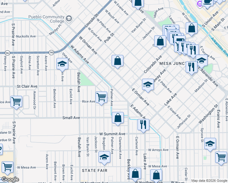 map of restaurants, bars, coffee shops, grocery stores, and more near 124 West Adams Avenue in Pueblo
