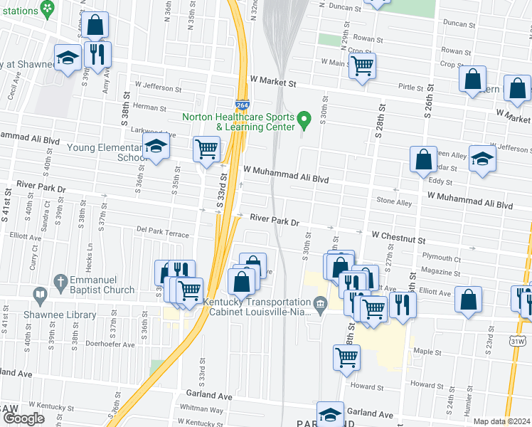 map of restaurants, bars, coffee shops, grocery stores, and more near 3121 River Park Drive in Louisville