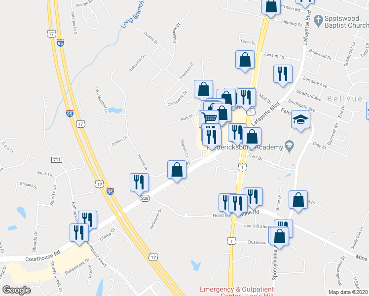 map of restaurants, bars, coffee shops, grocery stores, and more near 110 Pegram Lane in Fredericksburg