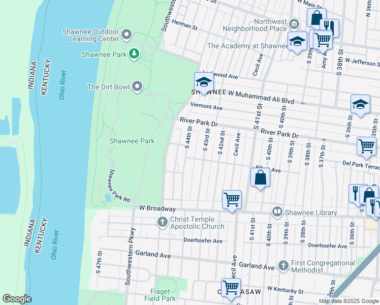 map of restaurants, bars, coffee shops, grocery stores, and more near 635 South 44th Street in Louisville