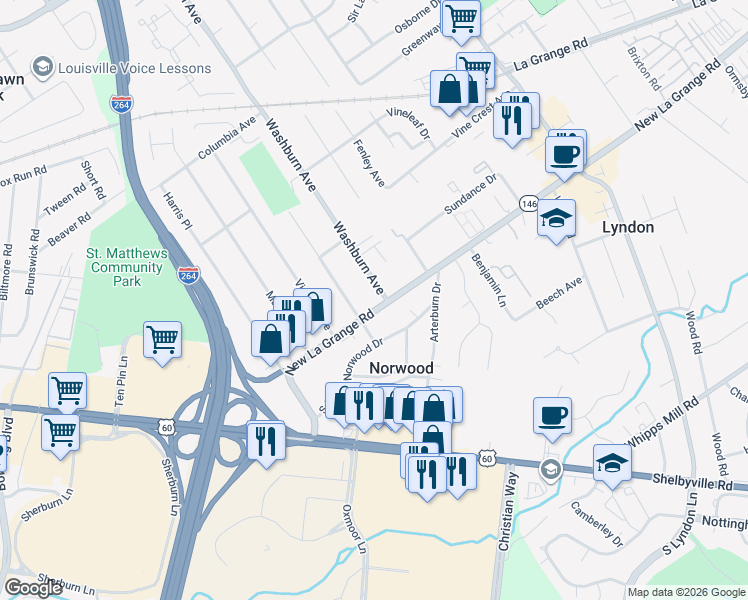 map of restaurants, bars, coffee shops, grocery stores, and more near 402 Washburn Avenue in Louisville