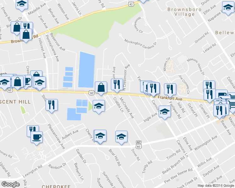 map of restaurants, bars, coffee shops, grocery stores, and more near 1 Blackburn Ave in Louisville