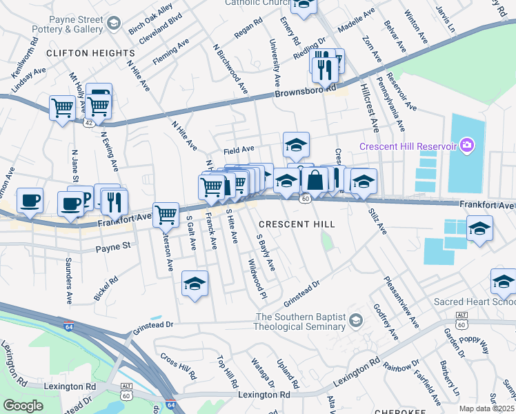 map of restaurants, bars, coffee shops, grocery stores, and more near 2736 Frankfort Avenue in Louisville