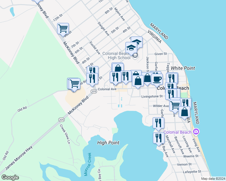 map of restaurants, bars, coffee shops, grocery stores, and more near 812 Colonial Avenue in Colonial Beach