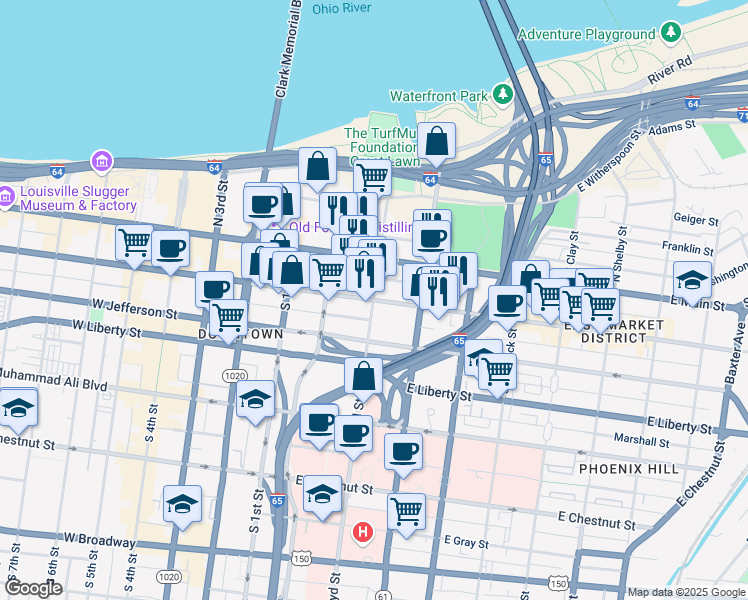 map of restaurants, bars, coffee shops, grocery stores, and more near 300 East Market Street in Louisville