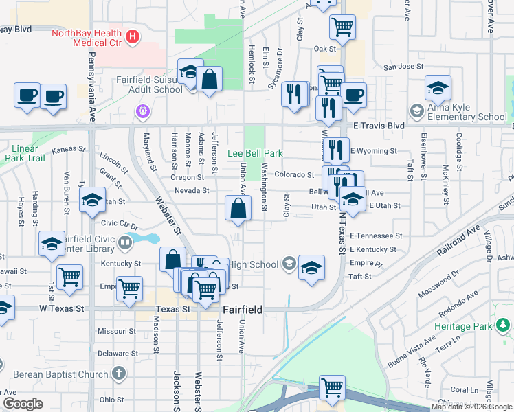 map of restaurants, bars, coffee shops, grocery stores, and more near 1130 Union Avenue in Fairfield
