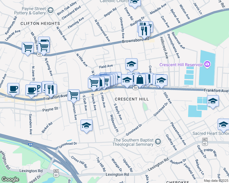 map of restaurants, bars, coffee shops, grocery stores, and more near 2736 Frankfort Avenue in Louisville