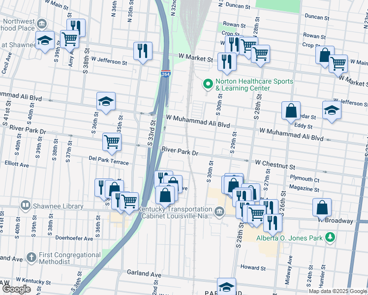 map of restaurants, bars, coffee shops, grocery stores, and more near 3122 Vermont Avenue in Louisville