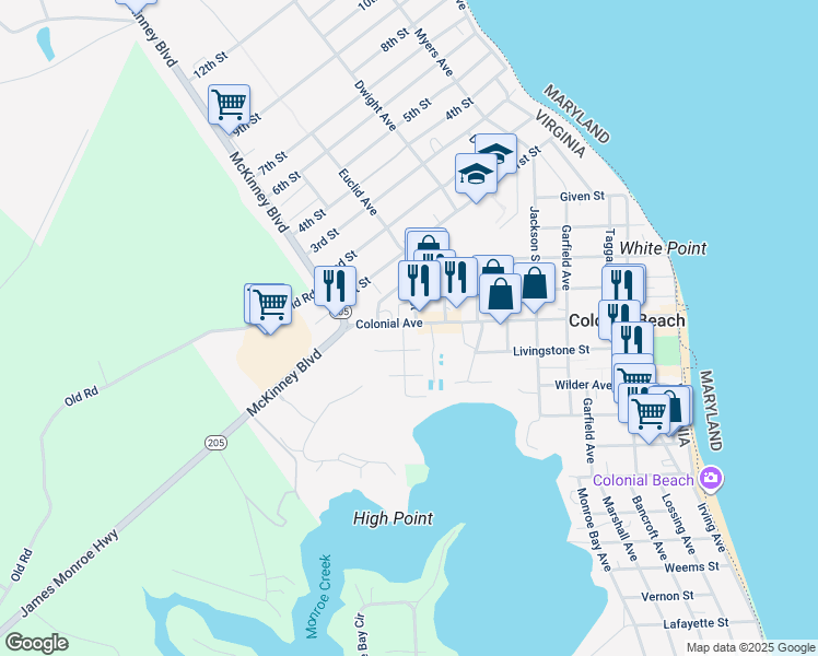 map of restaurants, bars, coffee shops, grocery stores, and more near 812 Colonial Avenue in Colonial Beach
