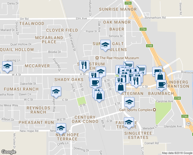 map of restaurants, bars, coffee shops, grocery stores, and more near 120 5th Street in Galt