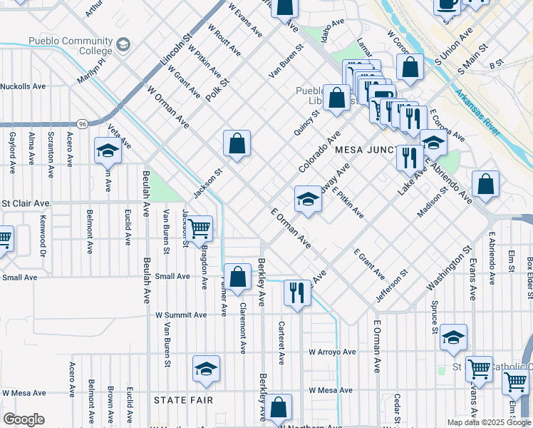 map of restaurants, bars, coffee shops, grocery stores, and more near 101 East Orman Avenue in Pueblo