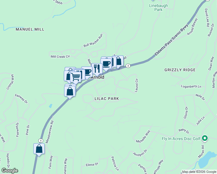 map of restaurants, bars, coffee shops, grocery stores, and more near 961 Pine St in Arnold