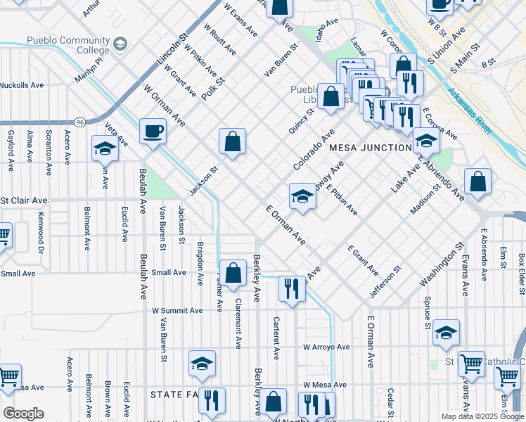 map of restaurants, bars, coffee shops, grocery stores, and more near 101 East Orman Avenue in Pueblo