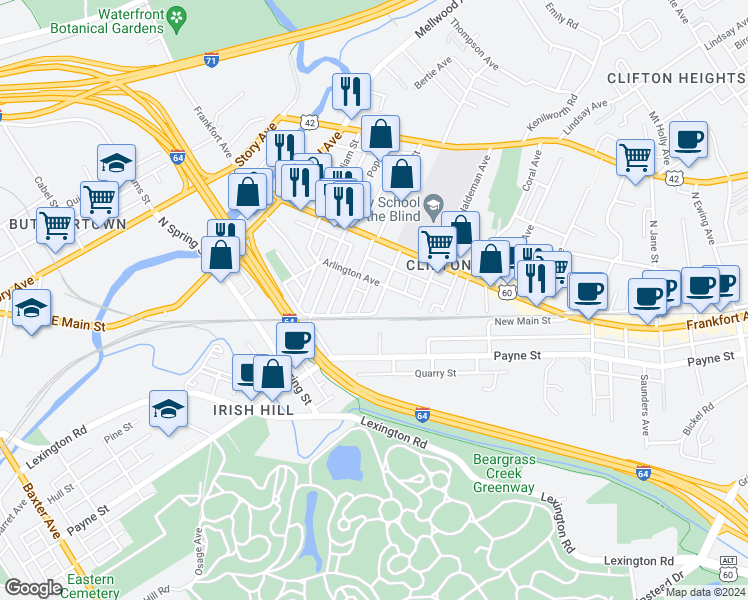 map of restaurants, bars, coffee shops, grocery stores, and more near 114 Stoll Avenue in Louisville