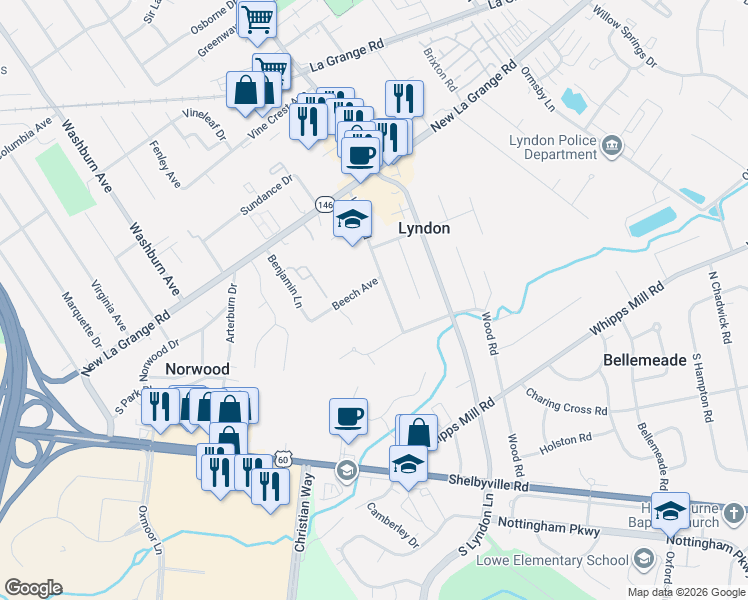map of restaurants, bars, coffee shops, grocery stores, and more near 414 Wood Road in Louisville