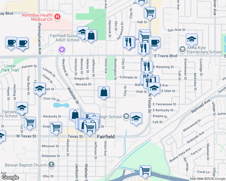 map of restaurants, bars, coffee shops, grocery stores, and more near 1130 Union Avenue in Fairfield