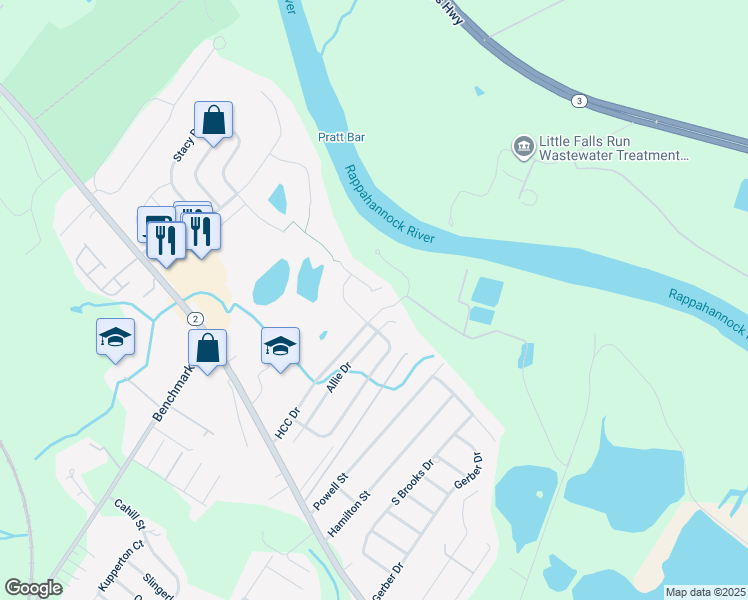 map of restaurants, bars, coffee shops, grocery stores, and more near 2502 Melchris Court in Fredericksburg