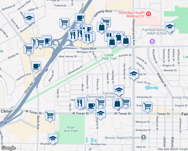map of restaurants, bars, coffee shops, grocery stores, and more near 1060 Buchanan Street in Fairfield