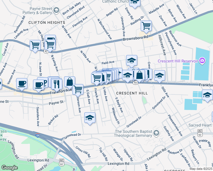 map of restaurants, bars, coffee shops, grocery stores, and more near 2704 Frankfort Avenue in Louisville