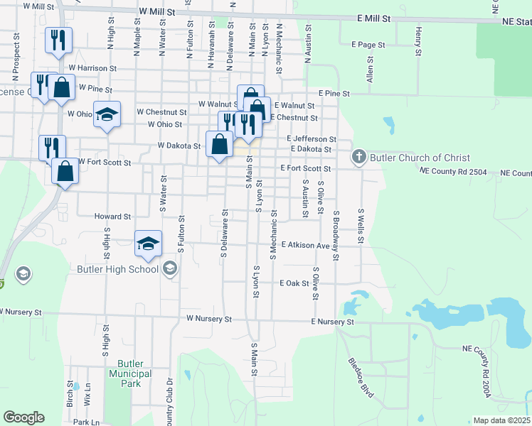 map of restaurants, bars, coffee shops, grocery stores, and more near 214 South Mechanic Street in Butler