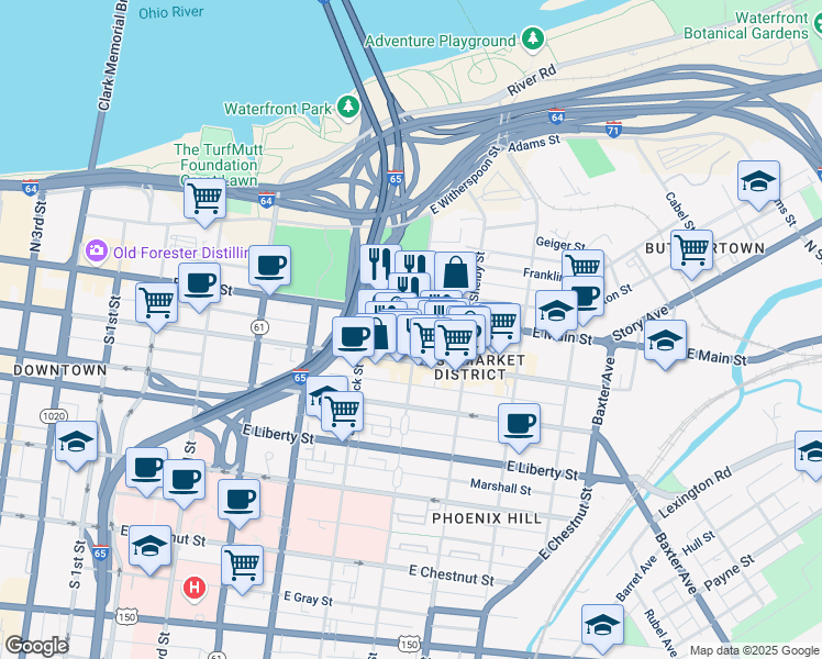 map of restaurants, bars, coffee shops, grocery stores, and more near 636 East Main Street in Louisville
