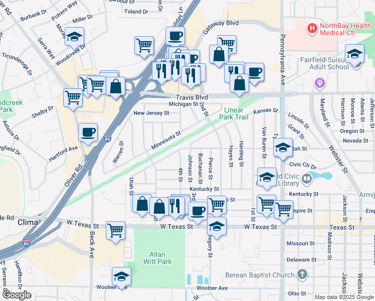 map of restaurants, bars, coffee shops, grocery stores, and more near 1061 Johnson Street in Fairfield