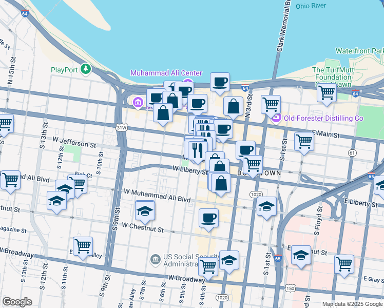 map of restaurants, bars, coffee shops, grocery stores, and more near 527 West Jefferson Street in Louisville
