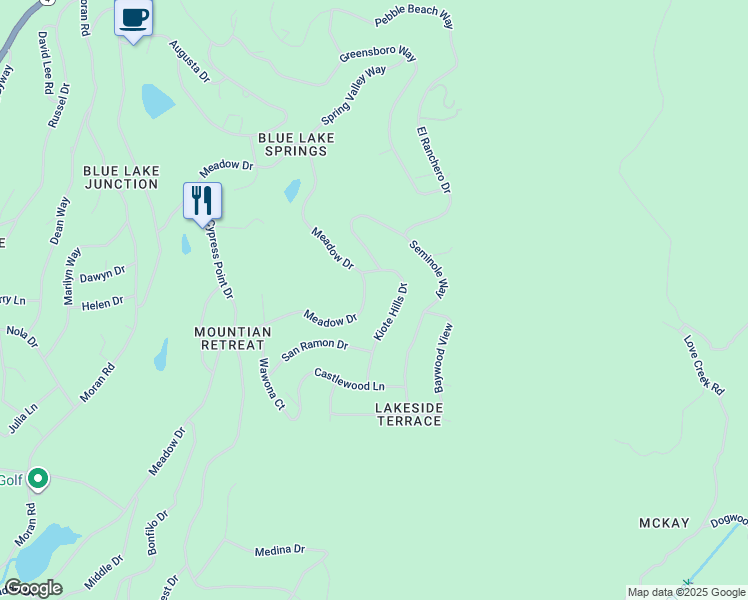 map of restaurants, bars, coffee shops, grocery stores, and more near 1497 Meadow Drive in Arnold