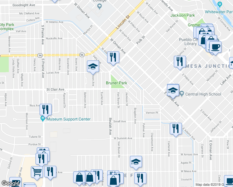 map of restaurants, bars, coffee shops, grocery stores, and more near 705 Van Buren Street in Pueblo