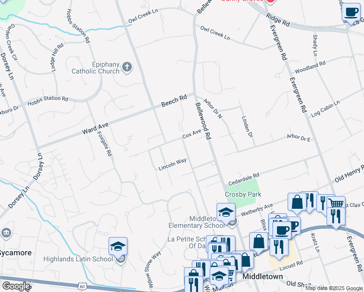 map of restaurants, bars, coffee shops, grocery stores, and more near 706 Old Harrods Creek Road in Louisville