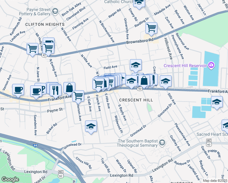 map of restaurants, bars, coffee shops, grocery stores, and more near 2704 Frankfort Avenue in Louisville