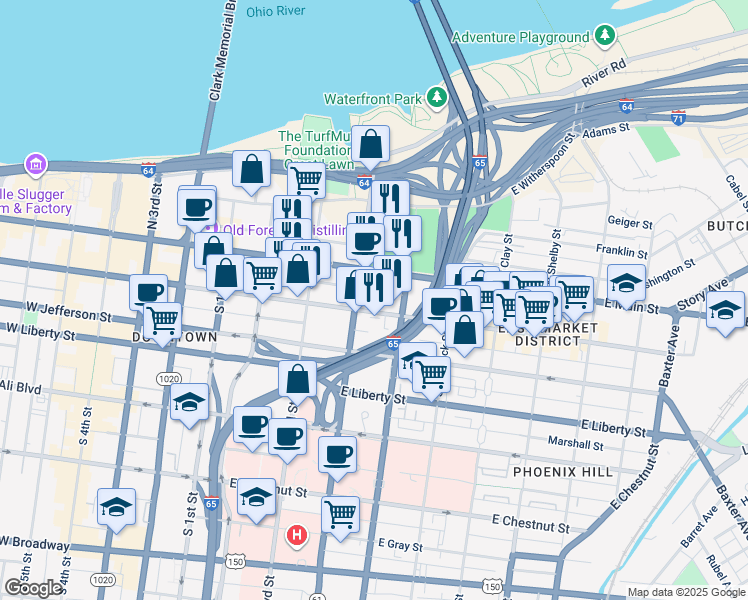 map of restaurants, bars, coffee shops, grocery stores, and more near 127 South Preston Street in Louisville
