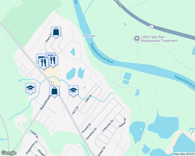 map of restaurants, bars, coffee shops, grocery stores, and more near 2502 Melchris Court in Fredericksburg