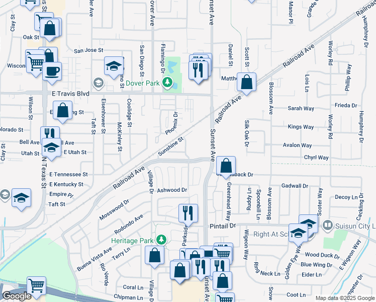 map of restaurants, bars, coffee shops, grocery stores, and more near 1113 Strawberry Lane in Suisun City