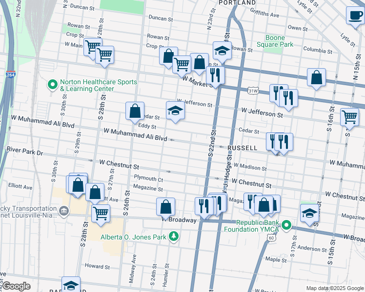 map of restaurants, bars, coffee shops, grocery stores, and more near 2314 West Muhammad Ali Boulevard in Louisville