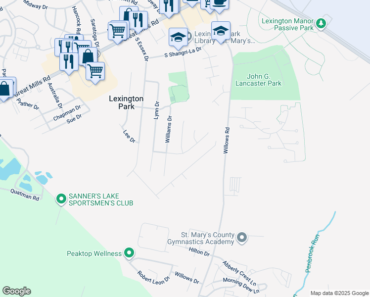map of restaurants, bars, coffee shops, grocery stores, and more near 21402 Mary Margaret Court in Lexington Park