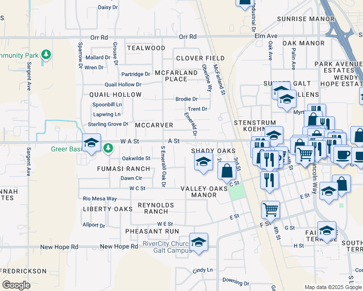 map of restaurants, bars, coffee shops, grocery stores, and more near 30 A Street in Galt