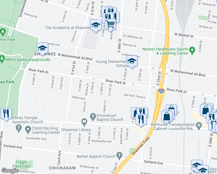map of restaurants, bars, coffee shops, grocery stores, and more near 608 South 37th Street in Louisville