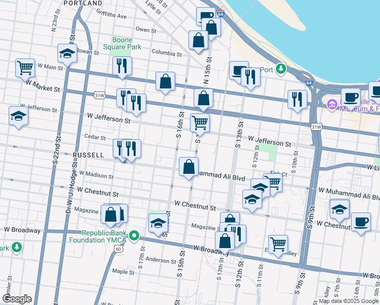 map of restaurants, bars, coffee shops, grocery stores, and more near 1508 Cedar Street in Louisville