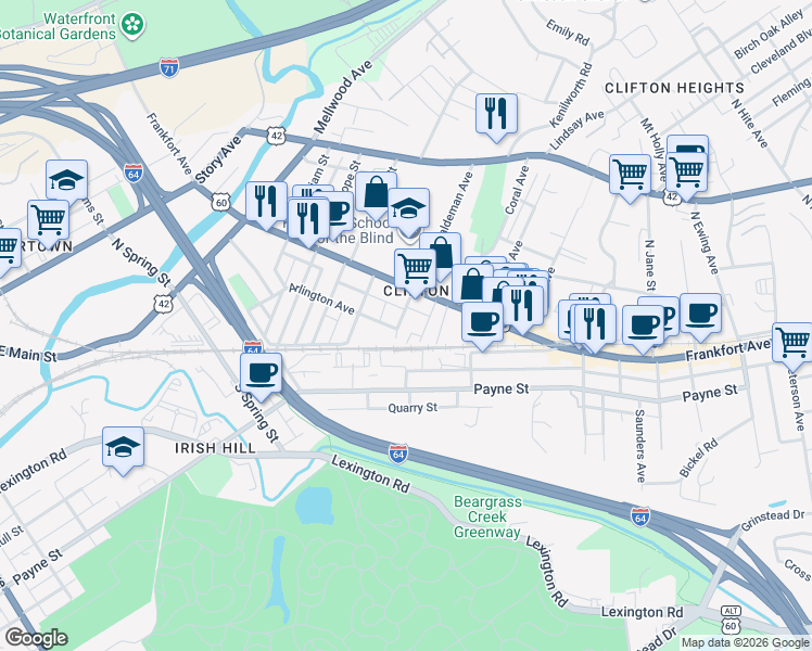 map of restaurants, bars, coffee shops, grocery stores, and more near 121 Haldeman Avenue in Louisville