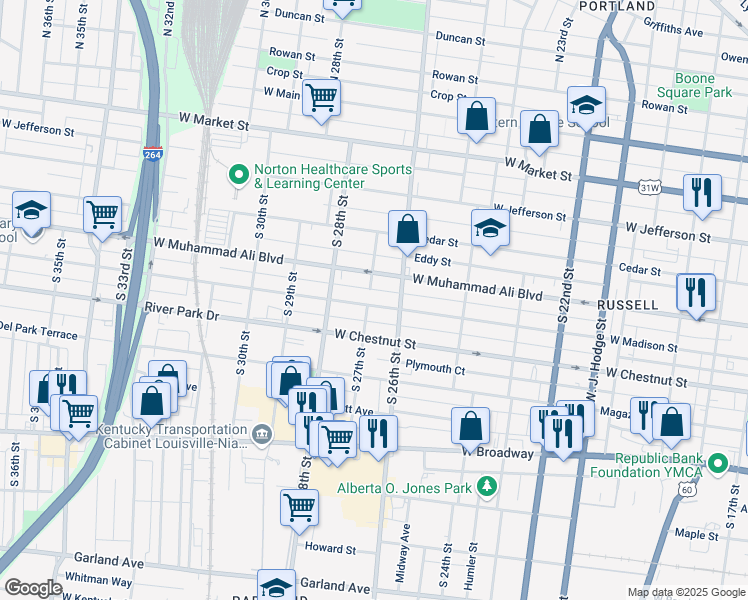 map of restaurants, bars, coffee shops, grocery stores, and more near 2625 West Madison Street in Louisville