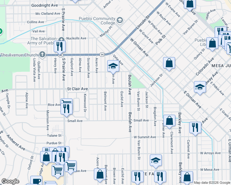 map of restaurants, bars, coffee shops, grocery stores, and more near 706 Brown Avenue in Pueblo
