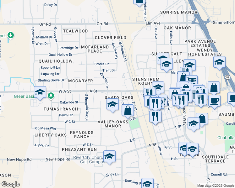 map of restaurants, bars, coffee shops, grocery stores, and more near 192 A Street in Galt