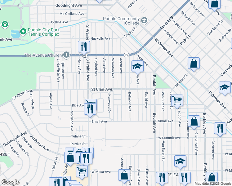 map of restaurants, bars, coffee shops, grocery stores, and more near 2407 James Avenue in Pueblo