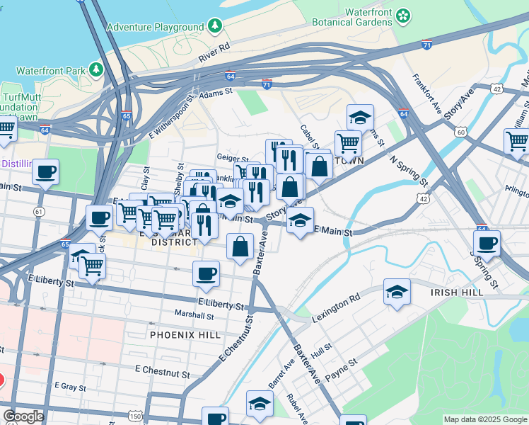 map of restaurants, bars, coffee shops, grocery stores, and more near 1001 Story Avenue in Louisville