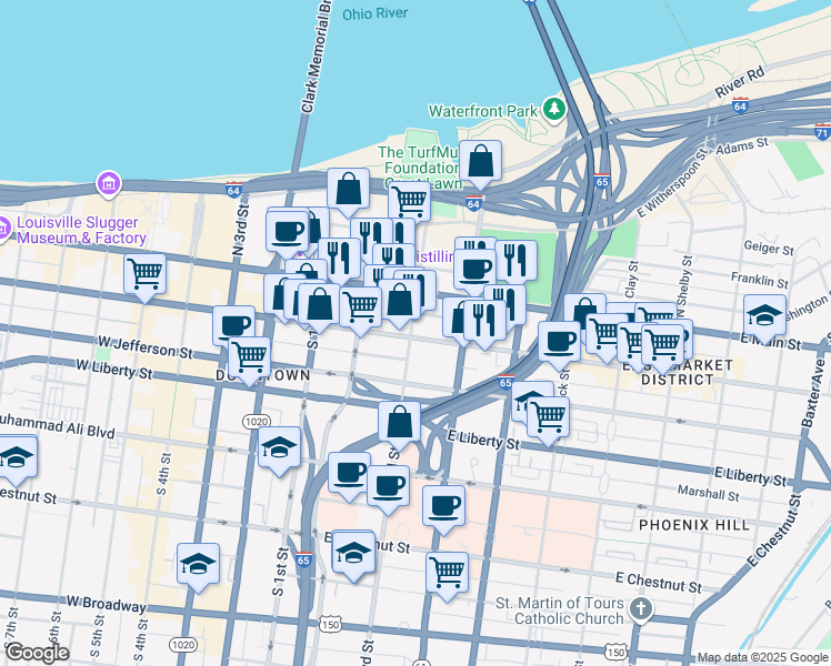 map of restaurants, bars, coffee shops, grocery stores, and more near 309 East Market Street in Louisville